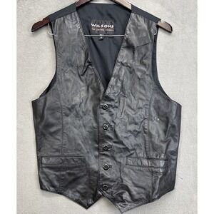 Wilsons Black Leather Button Front Medium Vest Wedding Biker Great Shape
